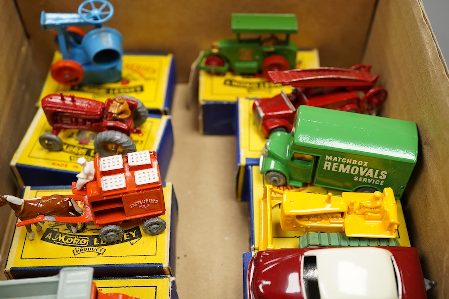 Ten boxed Matchbox Series 1-75 regular wheels vehicles; 1; Aveling Barford Road Roller, 3; Cement Mixer, 4; Massey Harris Tractor, 6; Quarry Truck (flaps on one end reattached with tape repair), 7; Horse drawn milk float